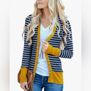 Striped Navy and Mustard Cardigan Sweater
